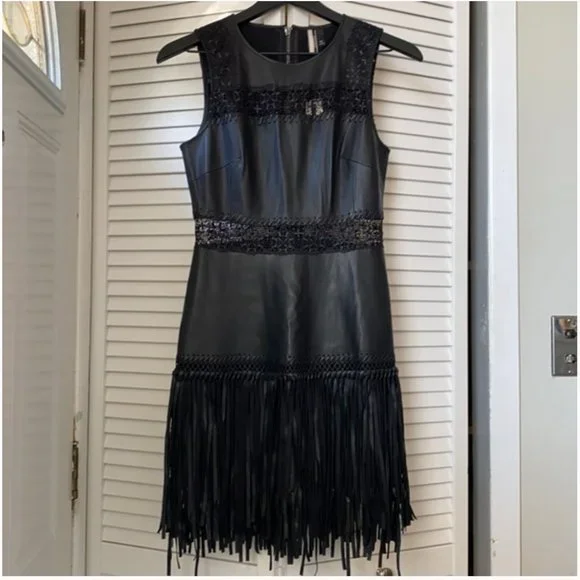 green emerald velvet dress Beige Faux Leather Dress w Fringe